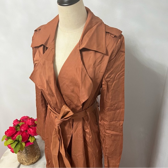 Badgley Mischka Faux Leather Trim Cedar Color Long Trench Coat - Duplicate - Picture 6 of 16